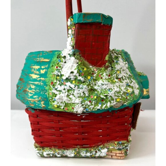 Hand-Painted Holiday Basket Cottage Design Wicker & Wood, Plaster Of Paris - Picture 7 of 8